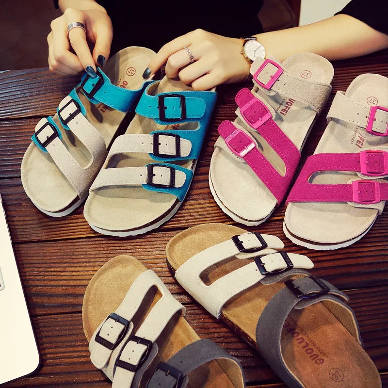 

Cowhide Cork Slippers Women Summer Fashionable Beach Cork Sandals Couple Slippers Sandals Casual Flip Flops Flats Shoes
