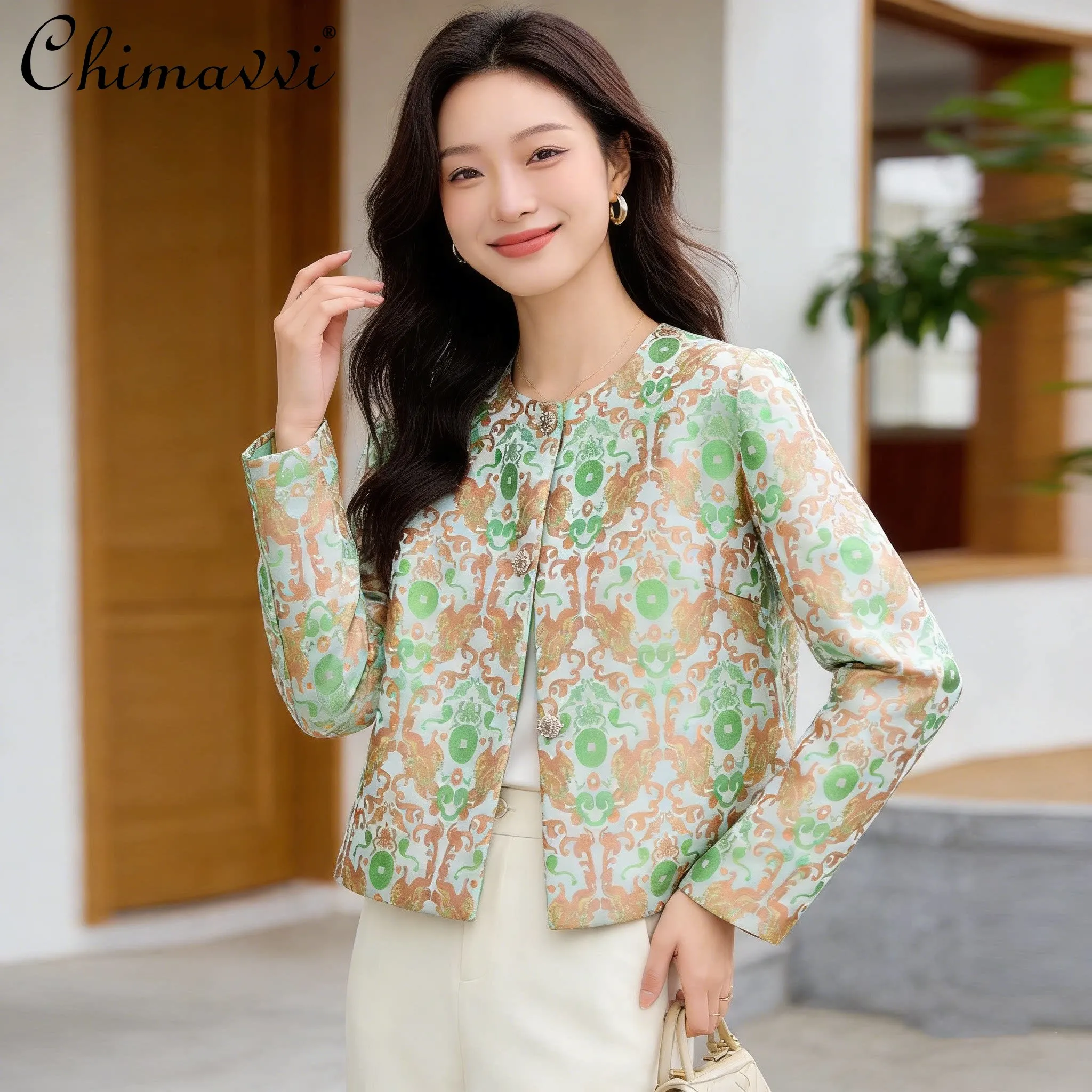 

New Chinese Style Elegant Jacquard Round Neck Long-sleeve Single-breasted Straight Versatile Short Jacket for Women Spring 2026