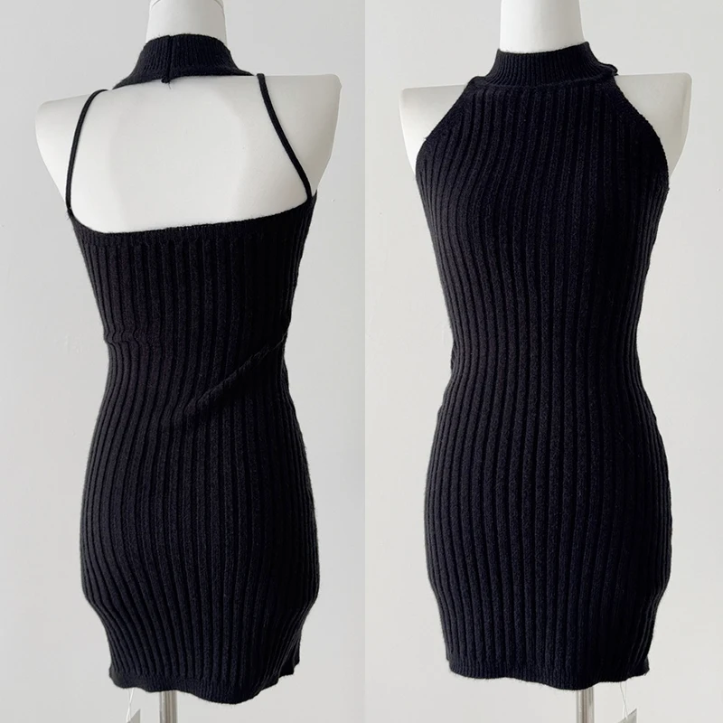 Jurken Sexy Strepen Draad Breien Slanke Bodycon Jurk Vrouwen Mouwloze Zwarte Skinny Mini Jurk Elegante Club Party Vestidos