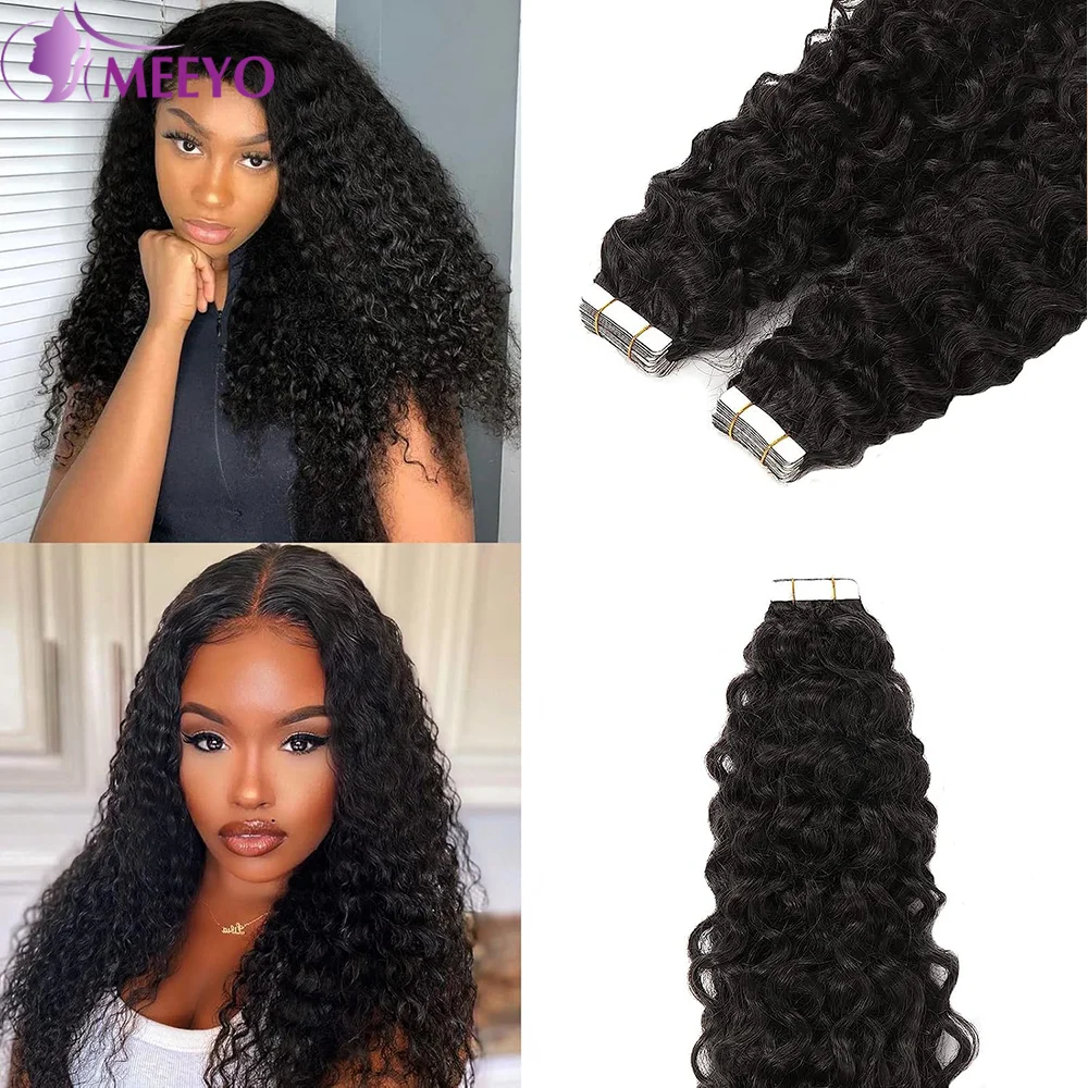 

Curly Hair Extensions Real Human Hair Full Head Natural Black #1B Deep Wave Tape In Human Hair Extensions 16-26 Inches For Woman