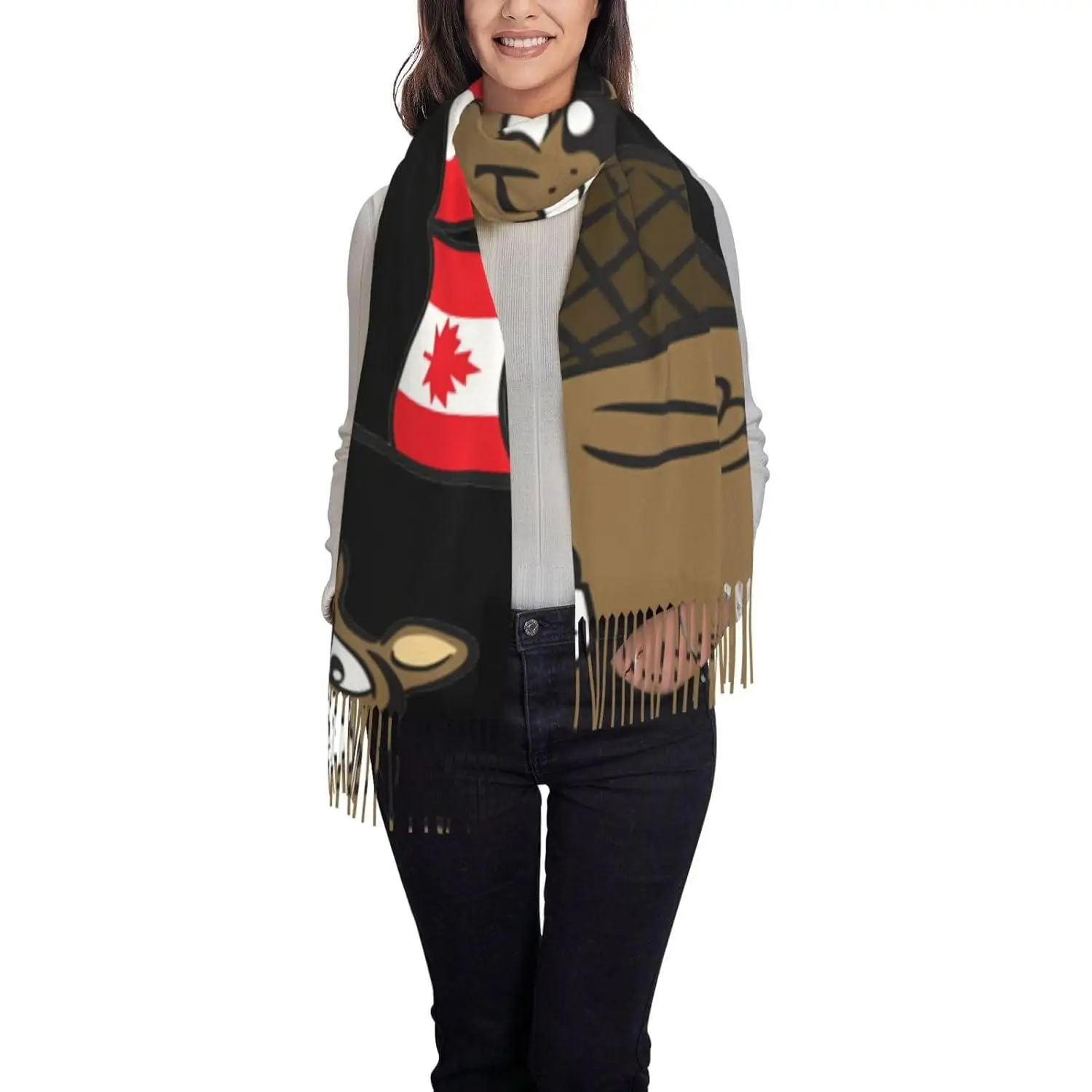 

Женский шарф с бахромой и принтом бобра, мягкий и легкий шарф из полиэстера с кисточками, осень-зима, модный подарок для женщин, весна-осень-зима