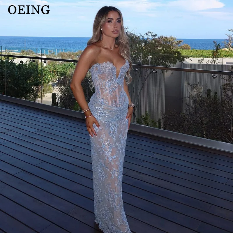 

OEING Luxury Mermaid Lace Lavender Prom Dress Sleeveless Sweetheart Pleats Illusion Evening Dress vestidos de fiesta Customized