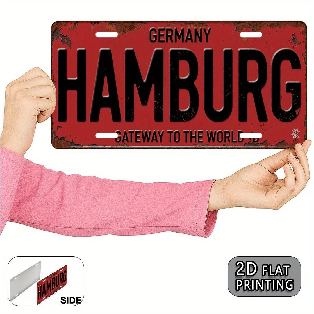 2D Flat, 1pc Vintage Hamburg Metal Sign - 15x30cm Aluminum Wall Art with Distressed Red & Black Design, German Travel-