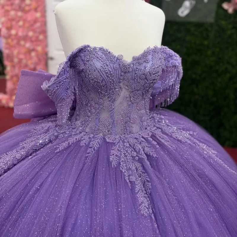 

Блестящее фиолетовое платье Quinceanera, кружевное многослойное тюлевое блестящее платье с большим бантом и бисером, платья de 15, Quinceanera ﻿ Индивидуальный