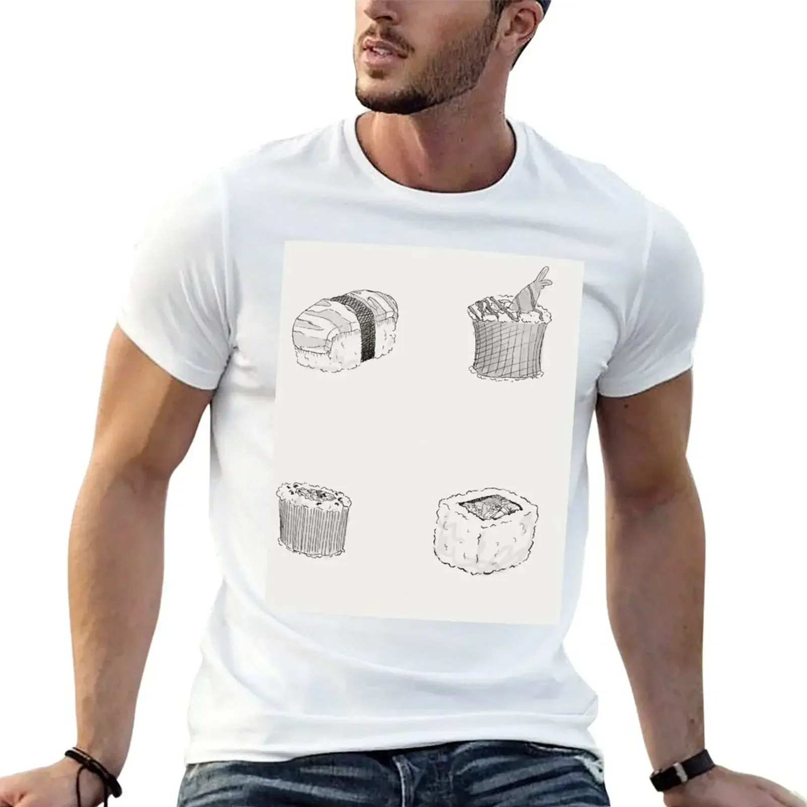 Yummy Monochrome Sushi Print T-Shirt summer clothes street wear graphic t shirt vintage graphic t shirts t shirt for men