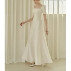 Satin Simple Wedding Dresses Vintage Square Collar Formal Evening Dress With Short Sleeve Elegant A-line Long Vestido Customized