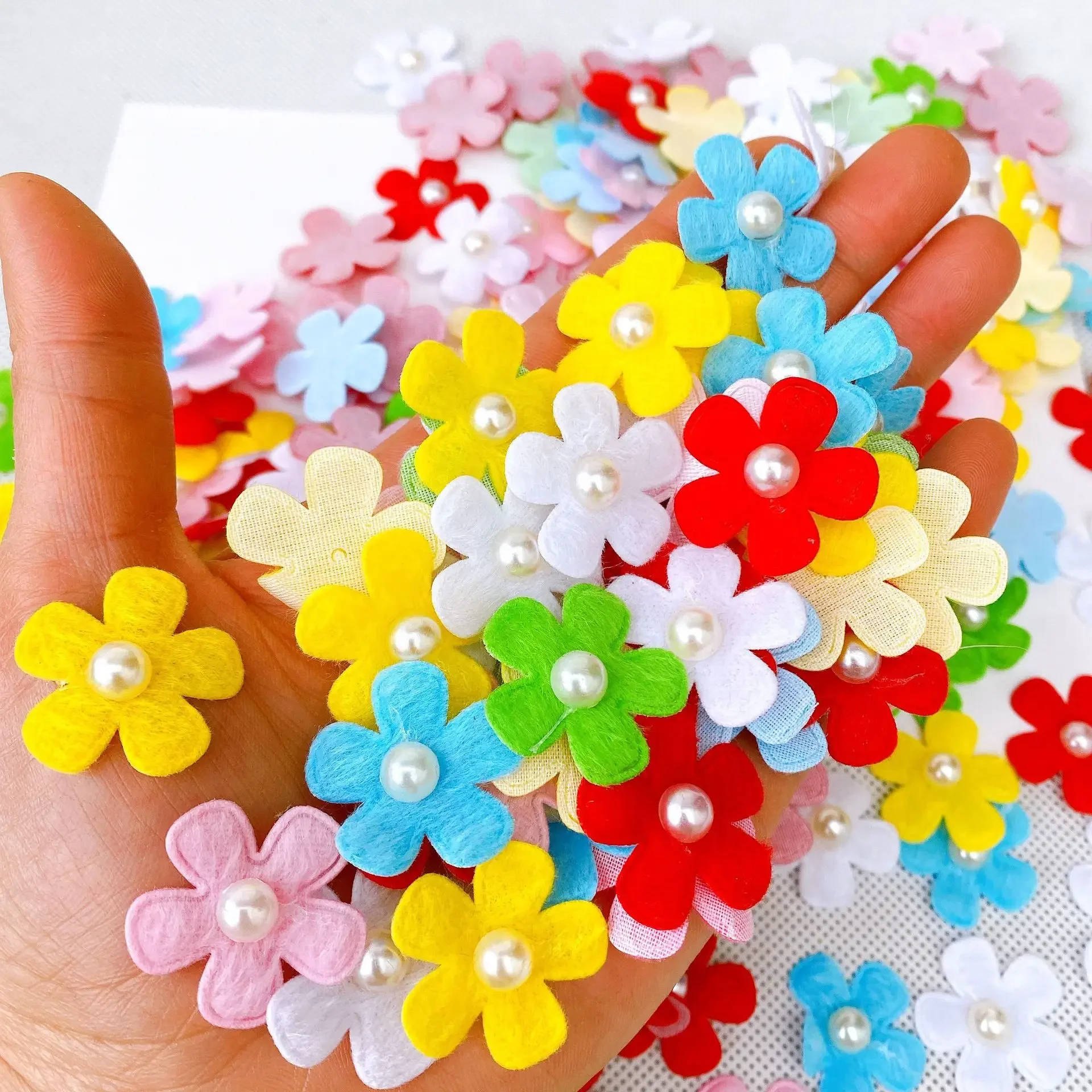 100Pcs Non-Woven Color Pearl Flowers Patch Embellishments DIY Craft Supplies Hair Accessories Materials Children's Scrapbook Toy