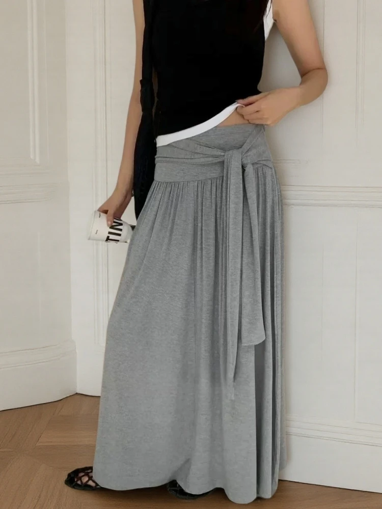 

Maxi Long Skirts Women Spring Summer Grey Black Bandage Skirts Goth Vintage High Waisted Ankle-Length Ruffle Knitted Skirts rok
