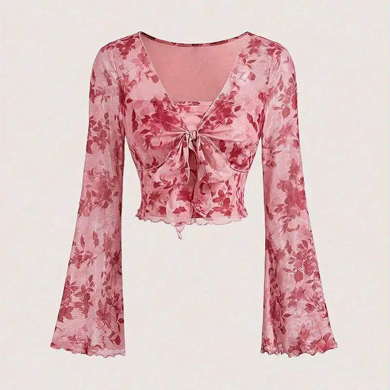 

Summer Women's Y2K Floral Printed Sweet V-Ne T-irts Me Cleanfit Sle ort Outerwear for Ladies