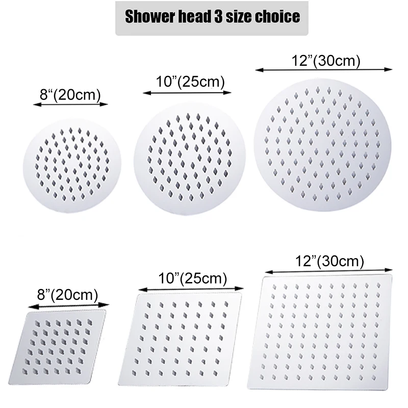 Becola 12/10/8 Inch Square&Round Rainfall Shower Head Bathroom Waterfall Stainless Steel Ultra-Thin Shower Faucet Chrome Finish