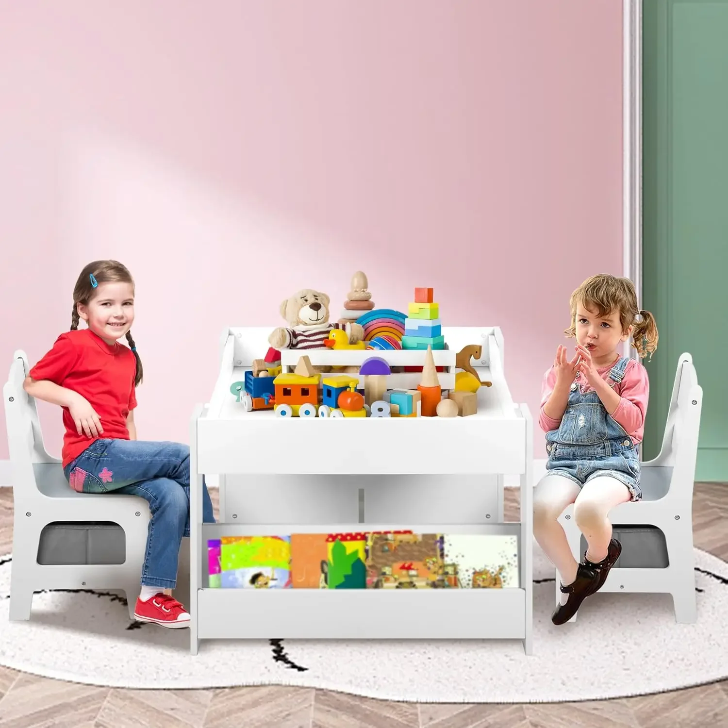 King Kids Wood Table & 2 Chairs Set, 4 in 1 Children Activity Table w/Double Bookcase, Blackboard, Toddler Furniture Set