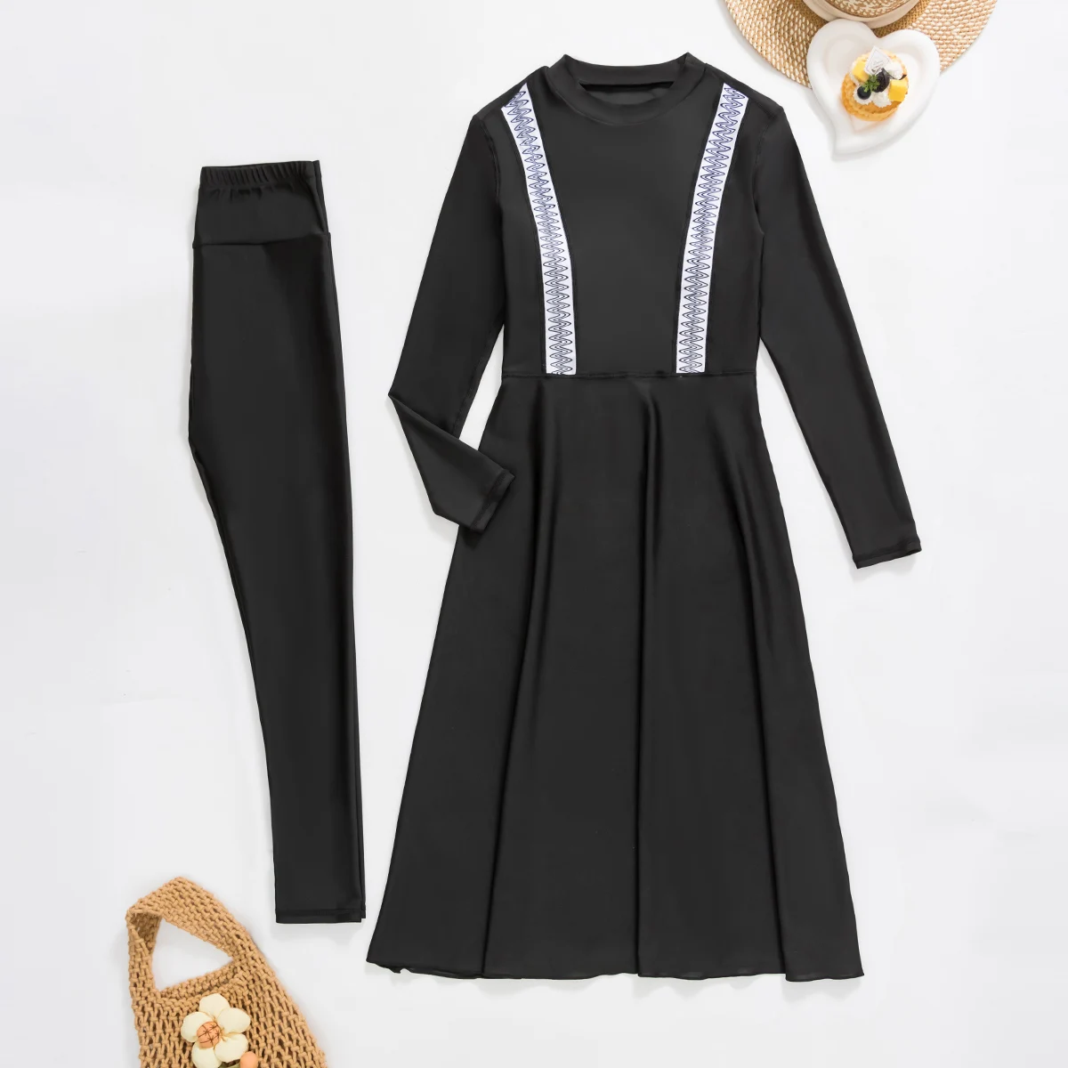 2pcs Muslim Burkini Modest swimsuit  with Black Long Sleeved Dress All Covered Retro Women Swimwear Beach swimsuit SPF50+