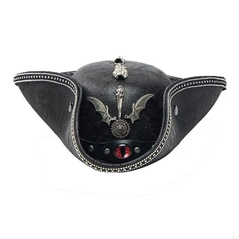 Devil Eye Schwarzer Piratenhut mit Metallverzierungen, perfekt für Halloween-Rollenspiele und Themenveranstaltungen Y08E – Detail 10