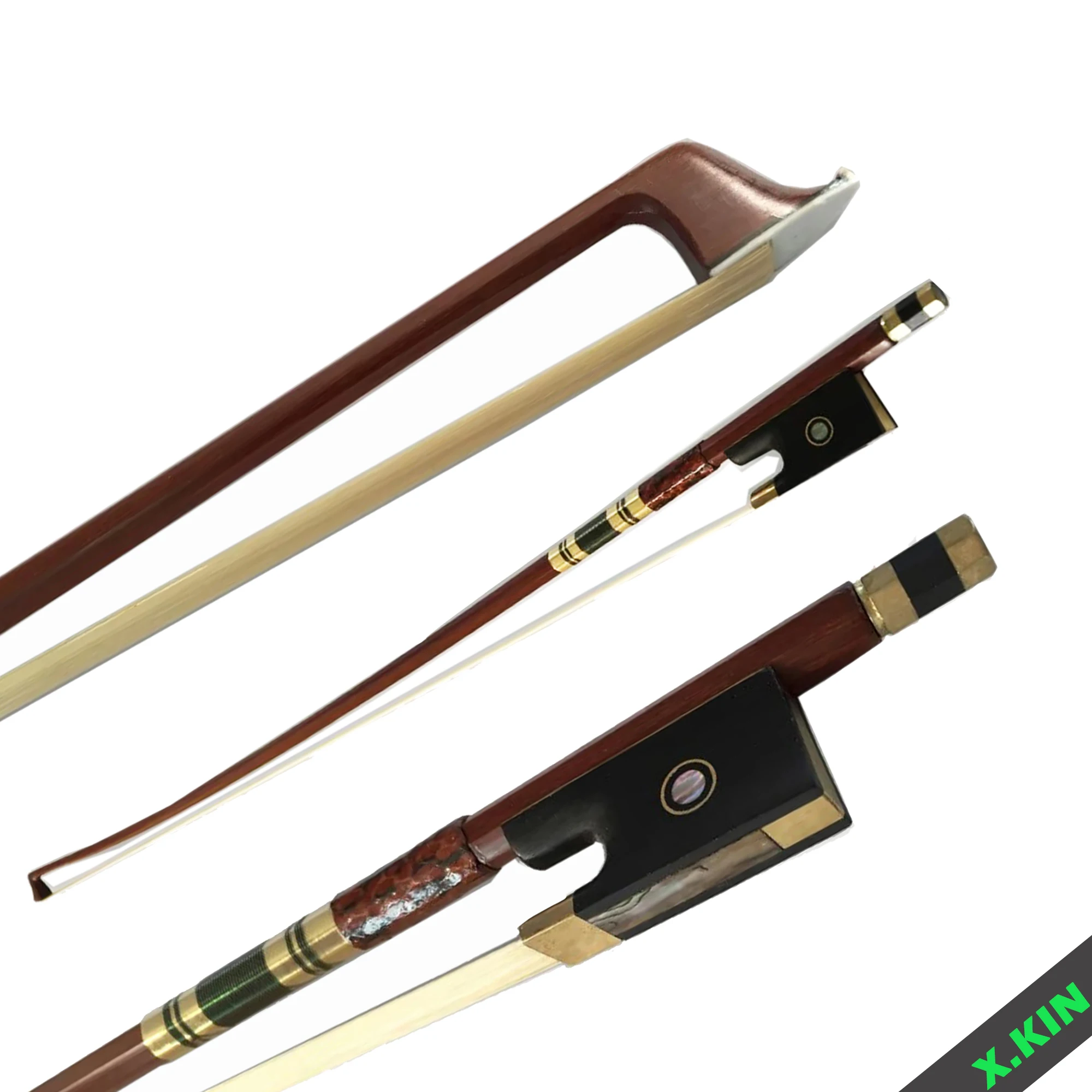 Exquisite Violin Bow 4/4, Ebony Frog with Pearl Eye, Snake Skin Grip, Gold Silk Winding, Colorful Shell Inlay