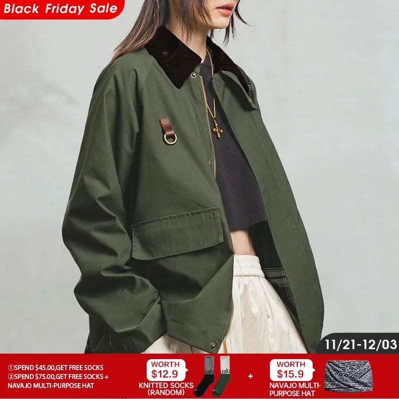 Maden Retro Women's Corduroy Patchwork Lapel Spey Jacket Green Casual Hunting Jacket for Autumn with Zippered Front Outerwear