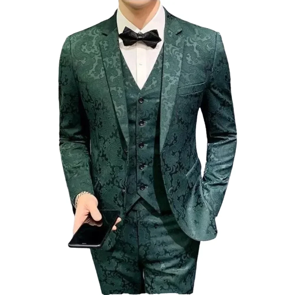 

2026 Fashion 3 Pieces Men Suits Dark Green Printed Floral Groom Smoking Prom Best Man Blazer Slim Fit Men Wedding Suits Tuxedo