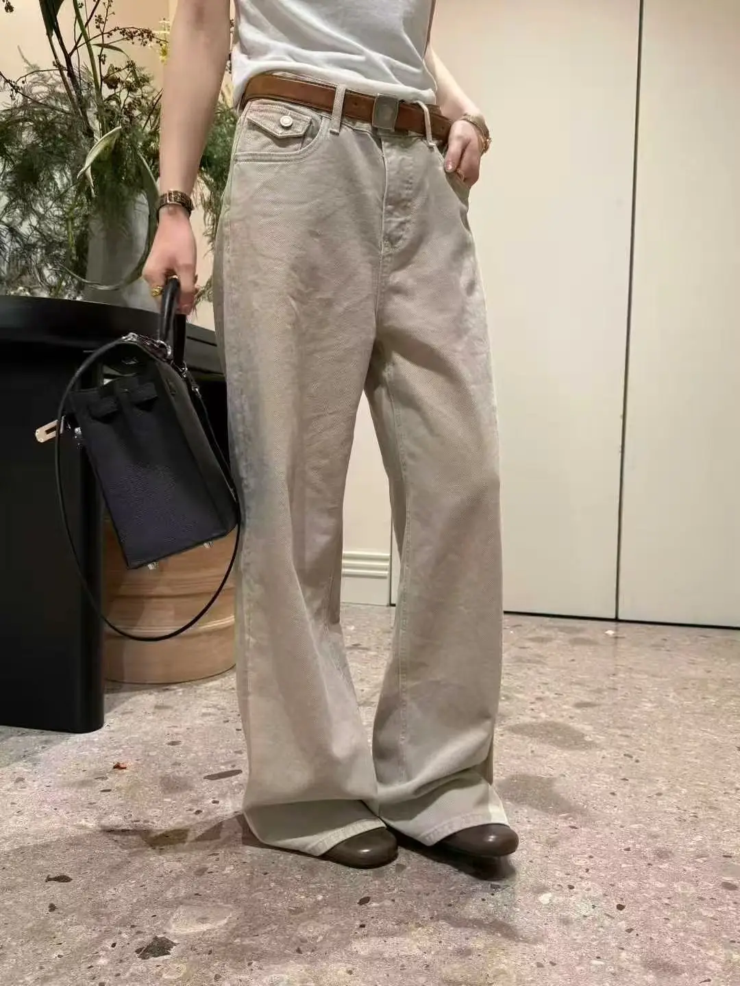 

Retro Khaki Wide Leg Jeans Women's Loose Fit Spring Summer New Style Korean Style Versatile Pocket Detail Floor Length