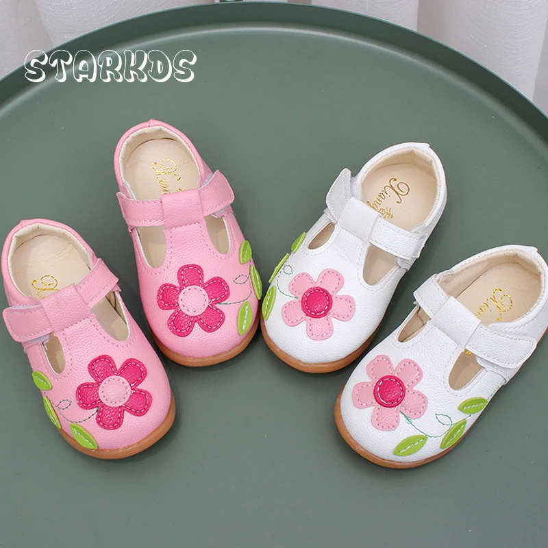 Babi T-Strap Leather Ballet Flats Girls Flower Patch Mary Jane Shoes Toddler Child Cute Soft Walking Zapatos With Hook & Loop