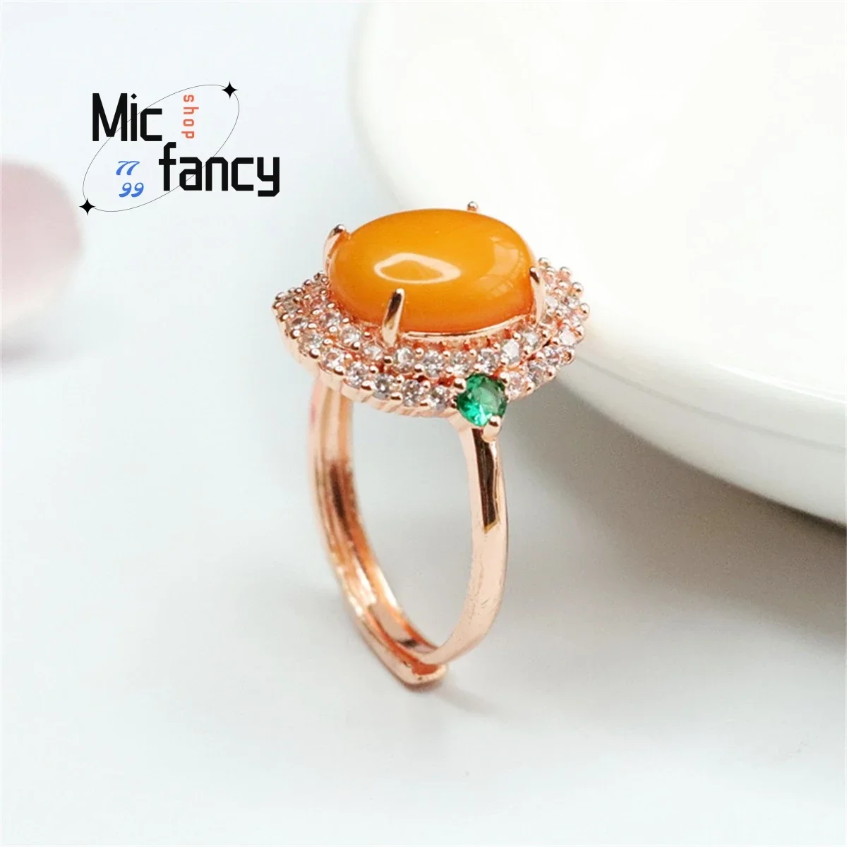 Natural Honey Wax Full Chicken Oil Red Amber Ring Wrapped with Zirconia Embedded Finger Support Simple Retro Style Holiday Gift