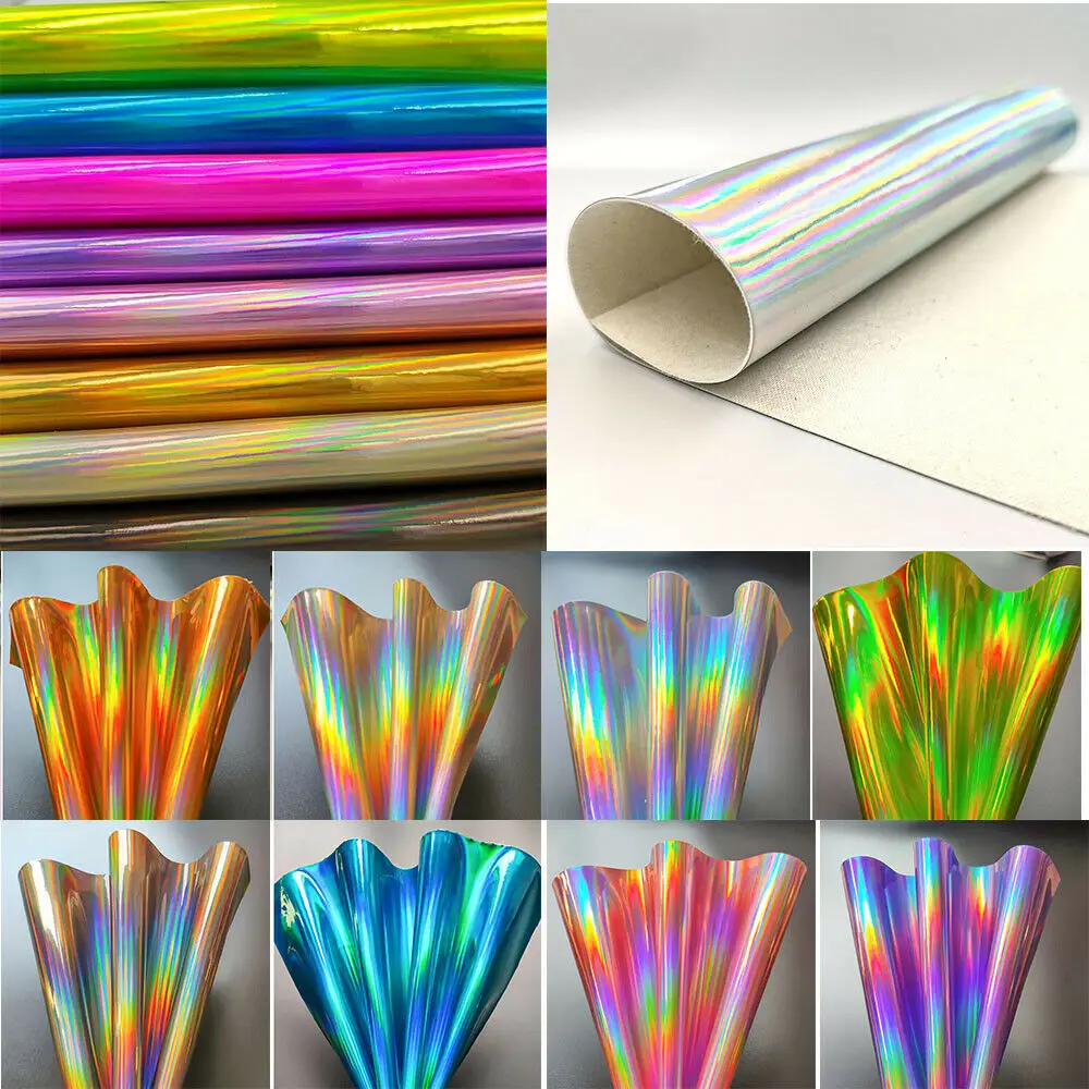 9pcs Sets Iridescent Holographic Laser PU Leather Fabric Vinyl Rainbow Hair Bow Handmade DIY Earring Craft Material 20x15CM