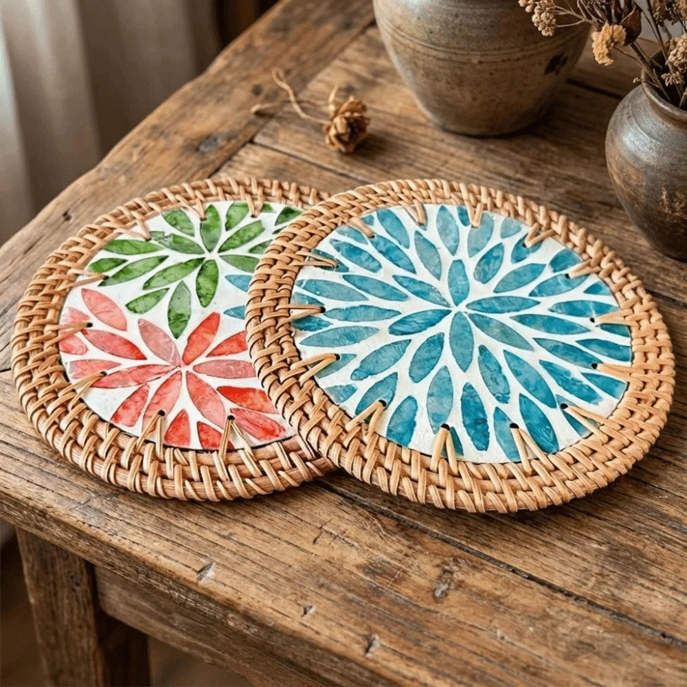 Tea Ceremony Handwoven Rattan Weaving Coaster Round Woven Texture Teapot Mats Natural Heat Insulation Pad Hotel
