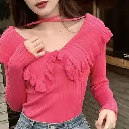 

Wooden Ear Edge Doll Collar Knitted Autumn and Winter Slim Fit Long Sleeve Pullover Sweater Sweet Temperament Top