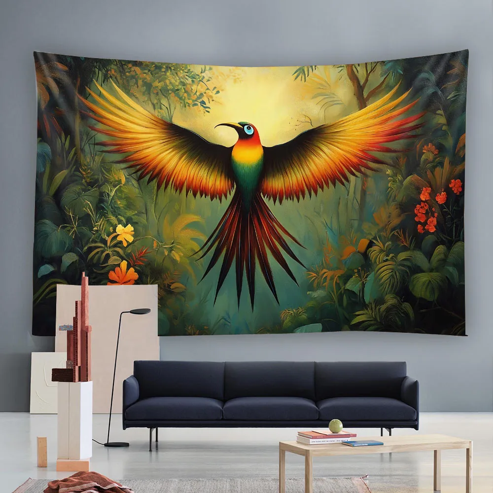 

Tropical Rainforest Tapestry Waterfall Birds in the Woods Wall Hanging Cloth Bedroom Decoration Cartoon Background Cloth