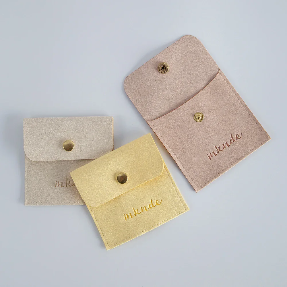 Customized logo Beige Ivory Suede Envelope Flap Bags Mini Microfiber Fabric jewelery Dice Dust Packaging Snap Button Gift Bag