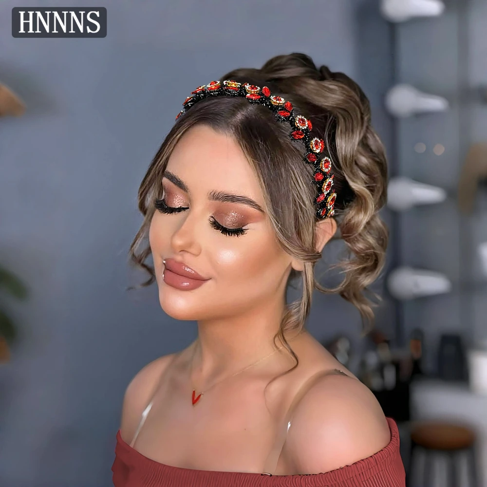 

HNNNS Gorgeous Bride Headband Red Rhinestone Headwear Vintage Ladies Headdress Wedding Banquet Party Hair Accessories A375