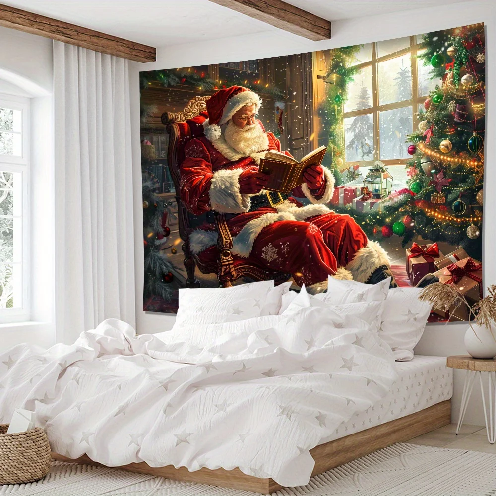 Santa Claus Reading Book Tapestry, Cozy Christmas Living Room Bedroom Decor, Holiday Wall Hanging for Xmas Party