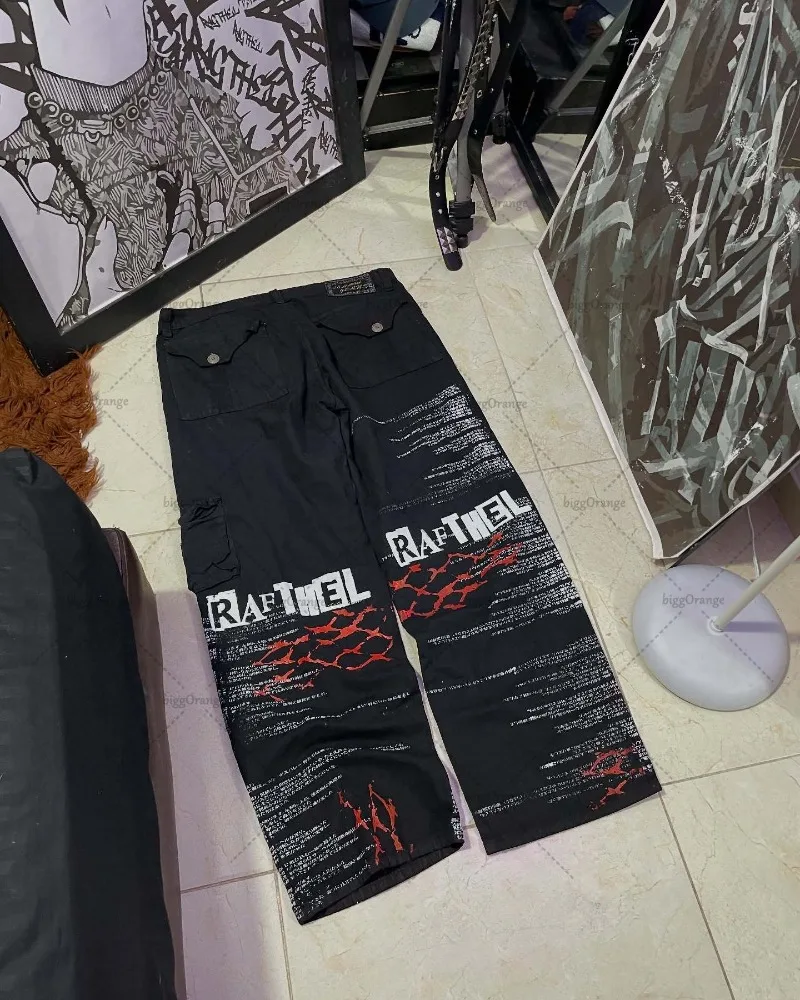 جينز هاراجوكو فضفاض مغسول عالي الخصر مطبوع عليه حروف ملابس هيب هوب ملابس الشارع الشهير للسيدات Y2K موضة روك عتيقة فضفاضة بأرجل واسعة #3