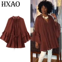 HXAO vestido de mujer 2025 vestidos cortos de manga larga con volantes para mujer Mini vestido elegante atado de primavera vestidos casuales plisados para mujer