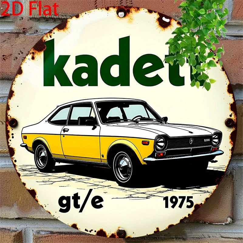 لافتة مسطحة ثنائية الأبعاد، قطعة واحدة من Kadett GT/E 1975 لافتة قصدير ألومنيوم دائرية كلاسيكية مقاس 20. × 20 سم مع تصميم سيارة كلاسيكي، مناسبة #1