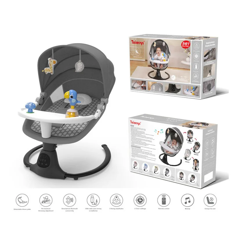 

Electric Baby Rocker Chiair 5-in-1 Multi-Functional Cradle with 5-Point Safety Harness, Child Seat, Tray, Toys, and Music