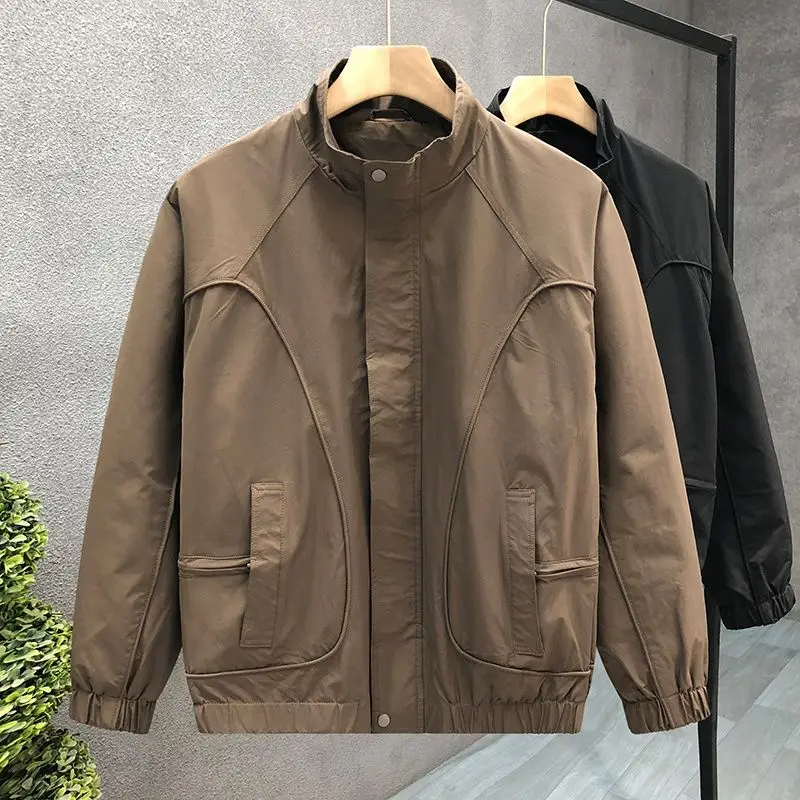 

Zipper Slim Fit Patchwork Stand Collar Jaet Pure Color Versatile Korean Sle Outerwear for Men Spring Autumn Season