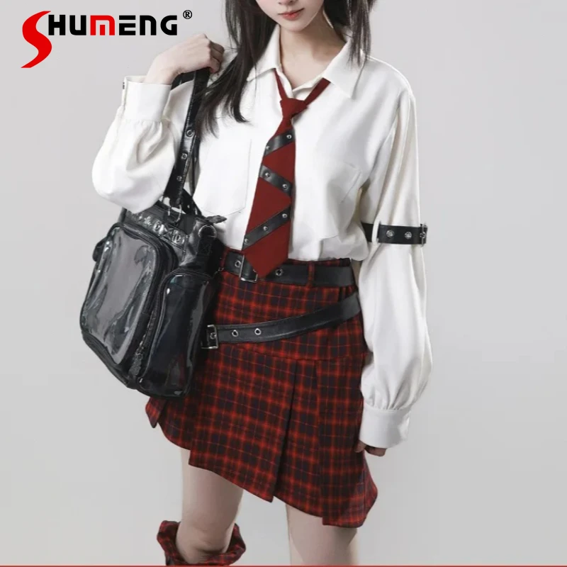 

Slanted Plaid Pleated Design Sense Leg Cover Belt Skirt Two-piece Set Japanese Lolita Style Silm Fit Short Skirts Kawaii Clothes