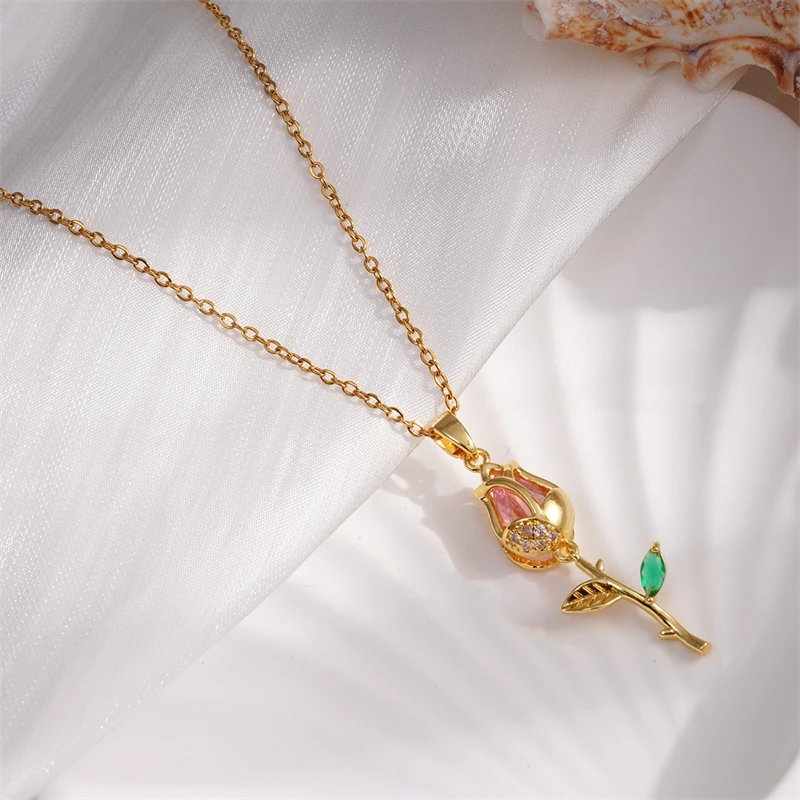 Edle Edelstahl-Tulpenanhänger-Halskette für Damen Elegante Goldfarben-Kette Blumen-Halskette Glücksbringer-Schmuck Geschenk – Detail 10