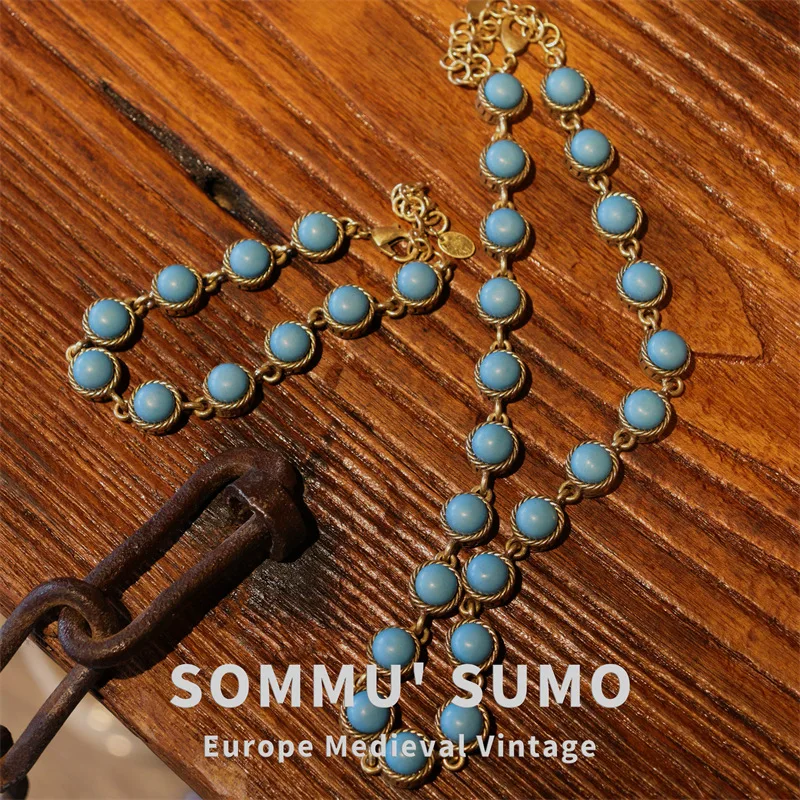 Bohemian Necklace Bracelet Vintage Synthetic Real Stone Beaded Turquoise Middle Ancient Turquoise Women's Sweater Chain