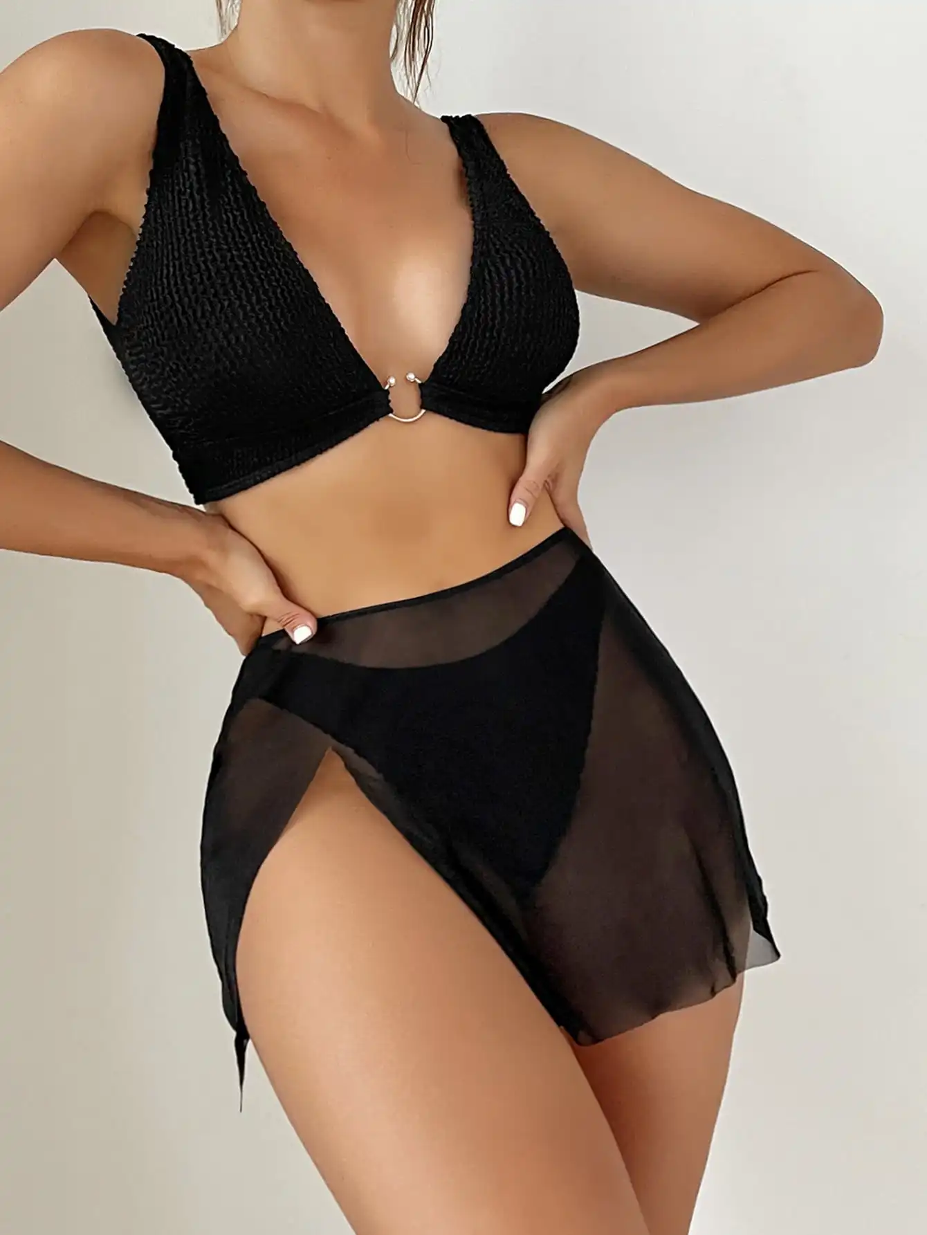 3-częściowy strój kąpielowy bikini z wysokim wycięciem w kształcie litery U i spódniczką plażową z rozcięciem na udzie, damski strój kąpielowy 2026