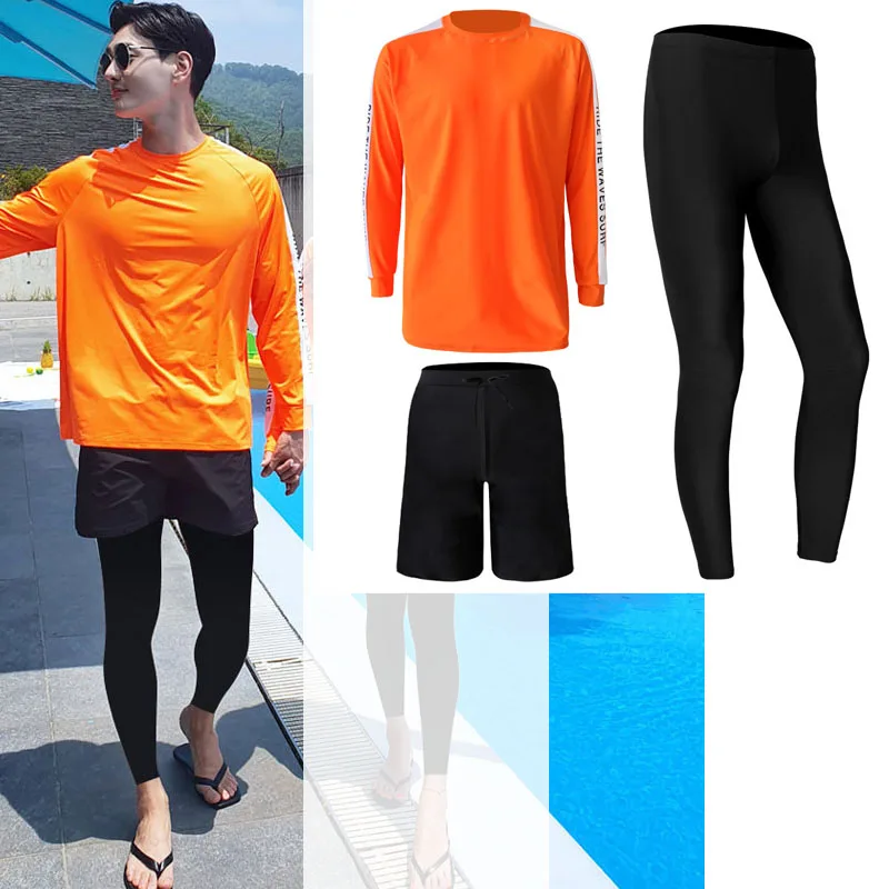 Men's 3pcs/set Rash Guards Long Sleeves Swim Shirts+Leggings+Trunks, Loose Fit Surf Fishing Surfing UV Sun Protection Rashguards