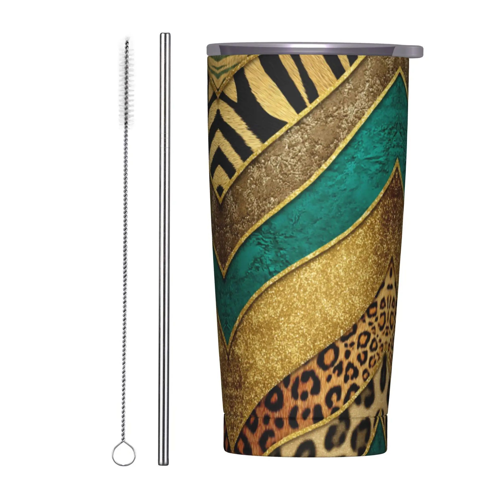 Leopard Spliced Insulated Tumbler with Straws Lid Faux Fur Stainless Steel Thermal Mug Office Home Car Bottle Cup, 20oz