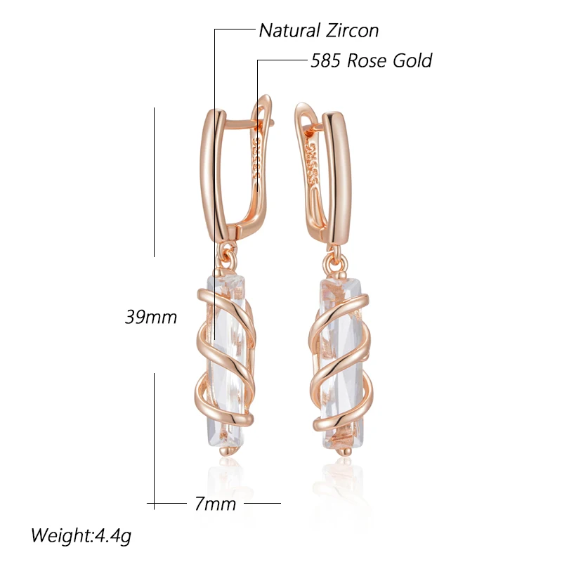 Square Long Zircon Spiral Dangle Earrings for Women 585 Gold Color Party Statement Jewelry Light Luxury Wedding Accessories