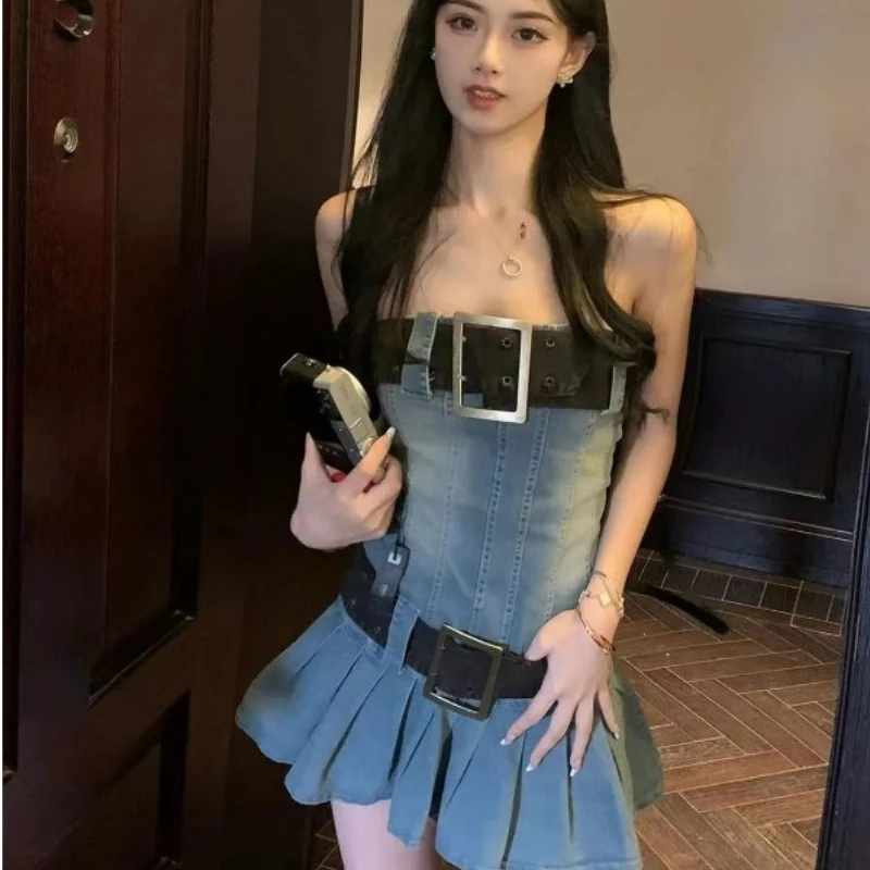 Vintage Strapless Denim Dress Women Bodycon Sexy Dress Harajuku Pleated Mini Skirt Trends Clothes Design Chic Streetwear Summer