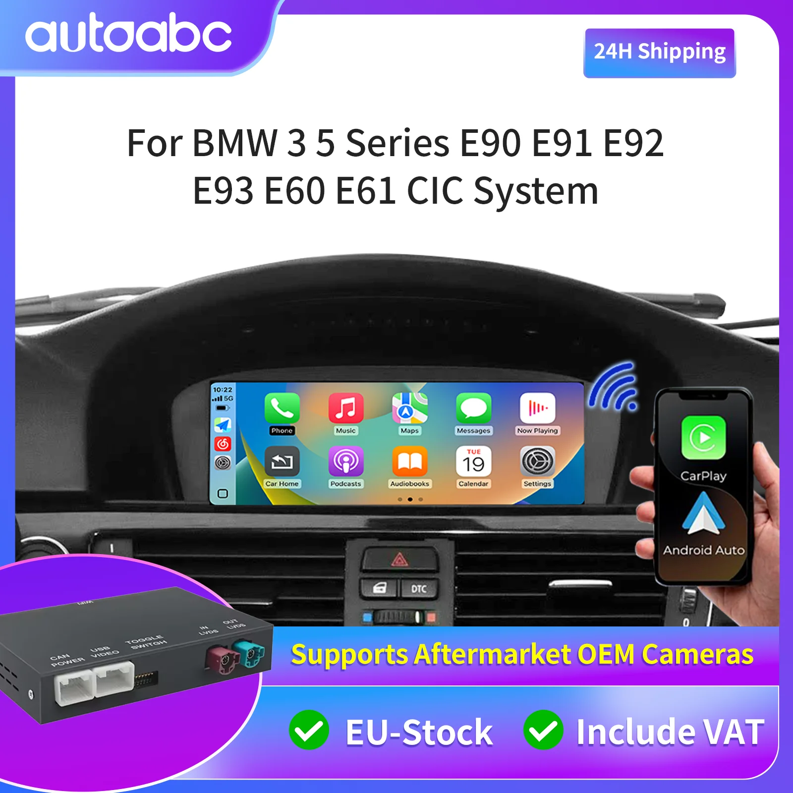 Nouvelle boîte décodeur sans fil Carplay Android Auto pour BMW Série 3 5 E90 E91 E60 E61 Système CIC MirrorLink Navigation GPS Bluetooth