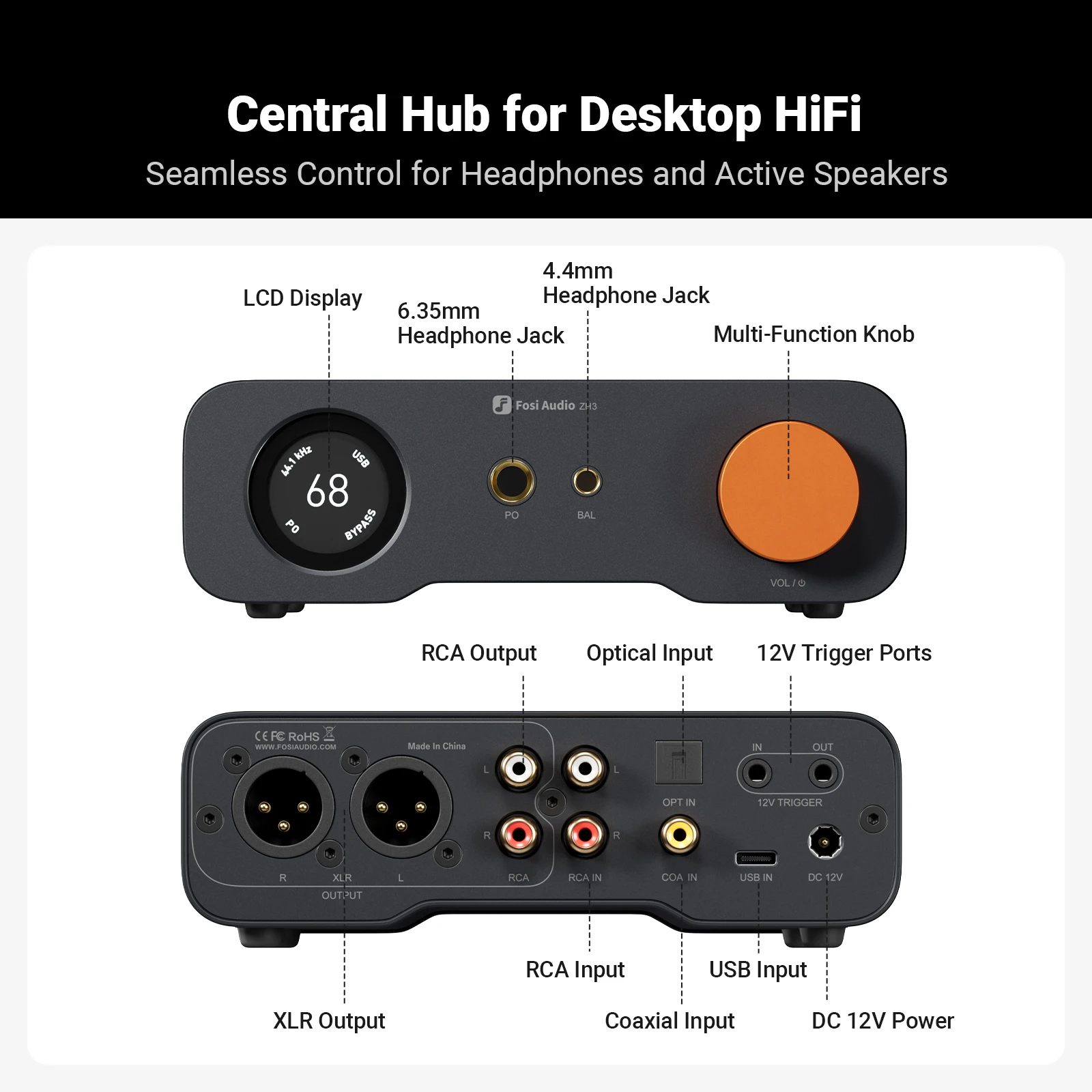 Fosi Audio ZH3 Desktop HIFI DAC Wzmacniacz słuchawkowy W pełni zbalansowany przedwzmacniacz Wyjście XLR/RCA/4.4mm/6.35mm z pilotem — zdjęcie produktu 3