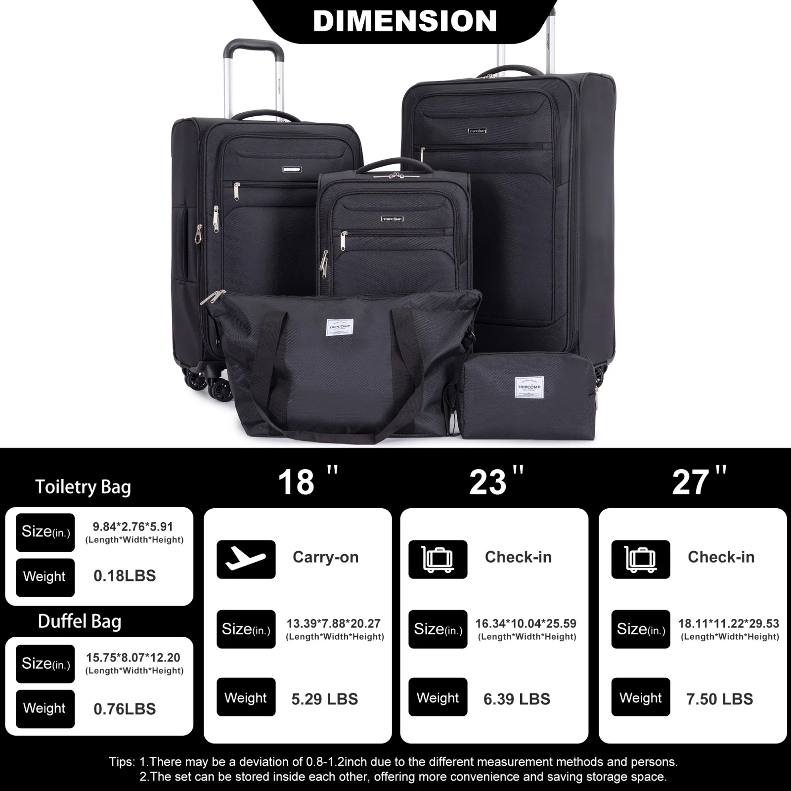 5 Piece Luggage Set with Expandable, Lightweight Softside Suitcase with Double Spinner Wheels with Travel Duffle Bag