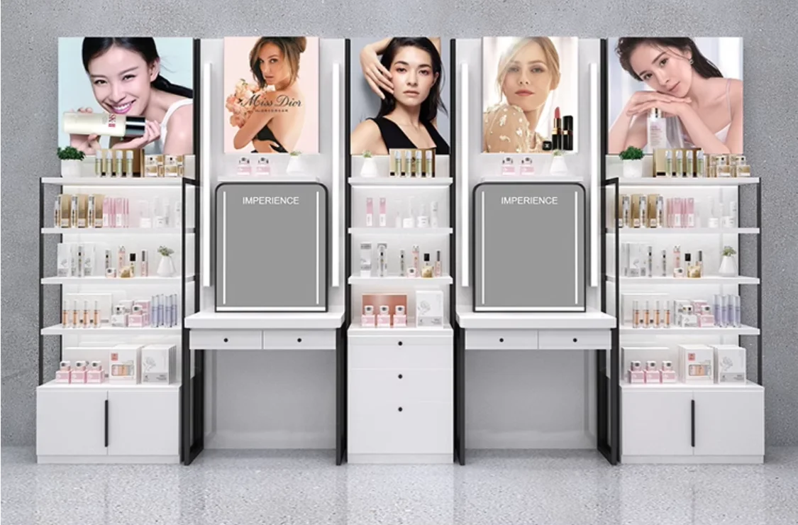 Cosmetics shelf display cabinet face film skin care back cabinet wooden paint with lights high-end beauty salon cabinet display