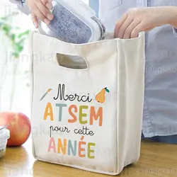 Merci Atsem Bedrukte Lunchtas Draagbare Geïsoleerde Canvas Koeler Bento Box Tote Thermische School Voedsel Opbergtas Cadeaus voor Atsem