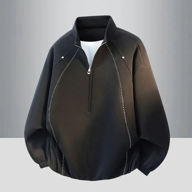 2026 Fall Winter Mens American Retro Fake Two Piece Half Zip Up Stand Collar Sweatshirt Hand Stitch Detail Loose Casual Pullover