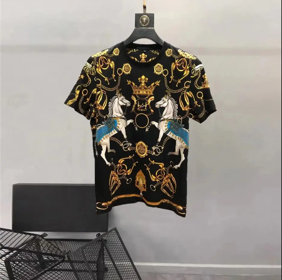 European and American men\'s wear summer 2022 new Court chain printing with short sleeve and round collar Fashion T-shirt